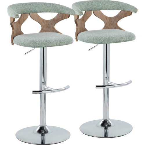 Gardenia Adjustable Swivel Bar Stool in Chrome, White Washed Wood & Seafoam Green Fabric (Set of 2)